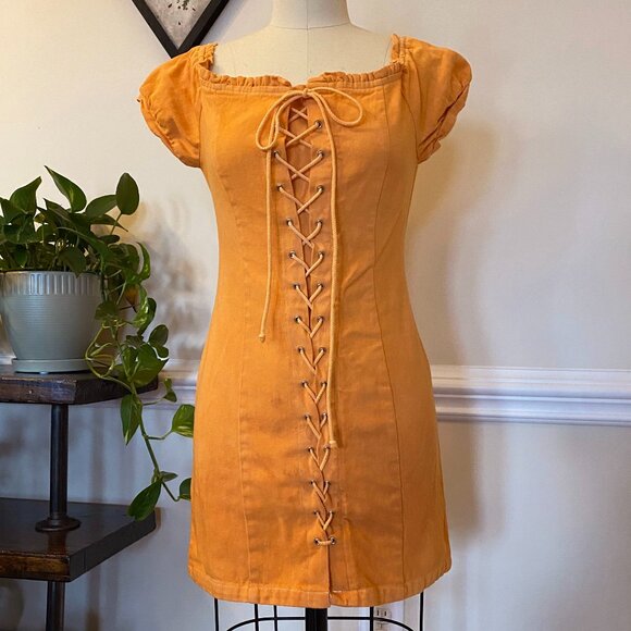 We’re All Pretty Girls, orange lace up dress, size small - Picture 1 of 9